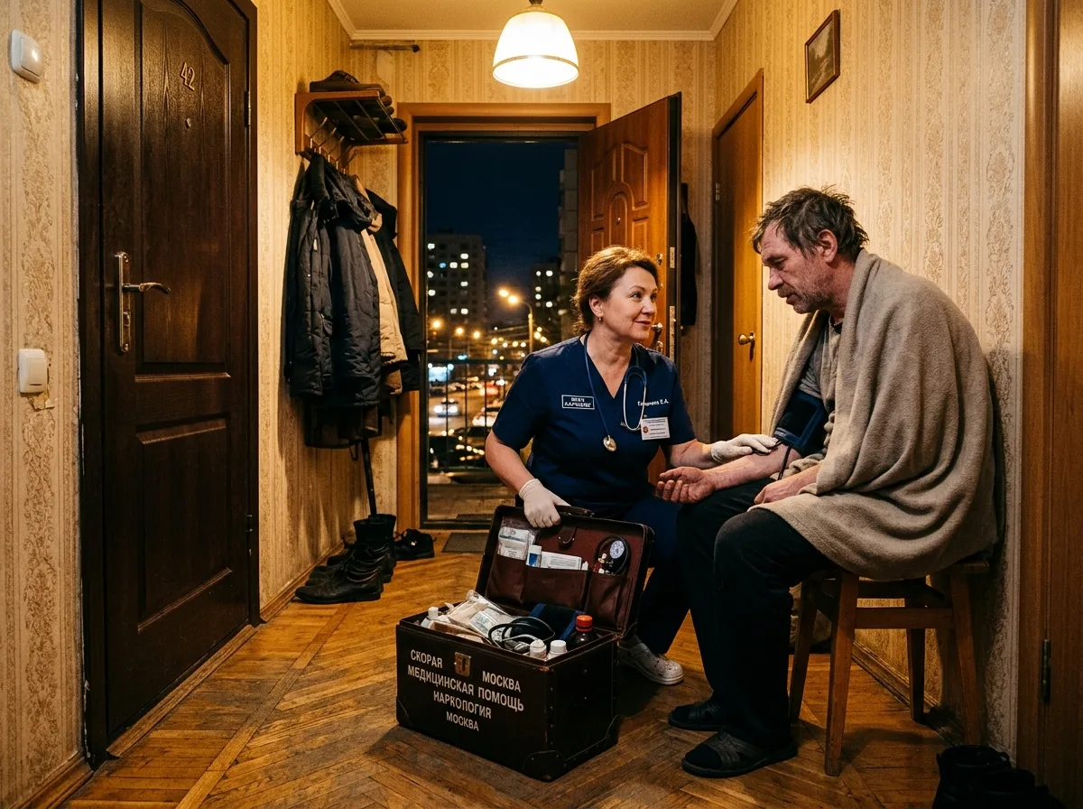 Врач нарколог приезжает на дом к пациенту в запое — ночная Москва, медицинский чемодан, уверенный профессиональный вид, тёплый свет в прихожей